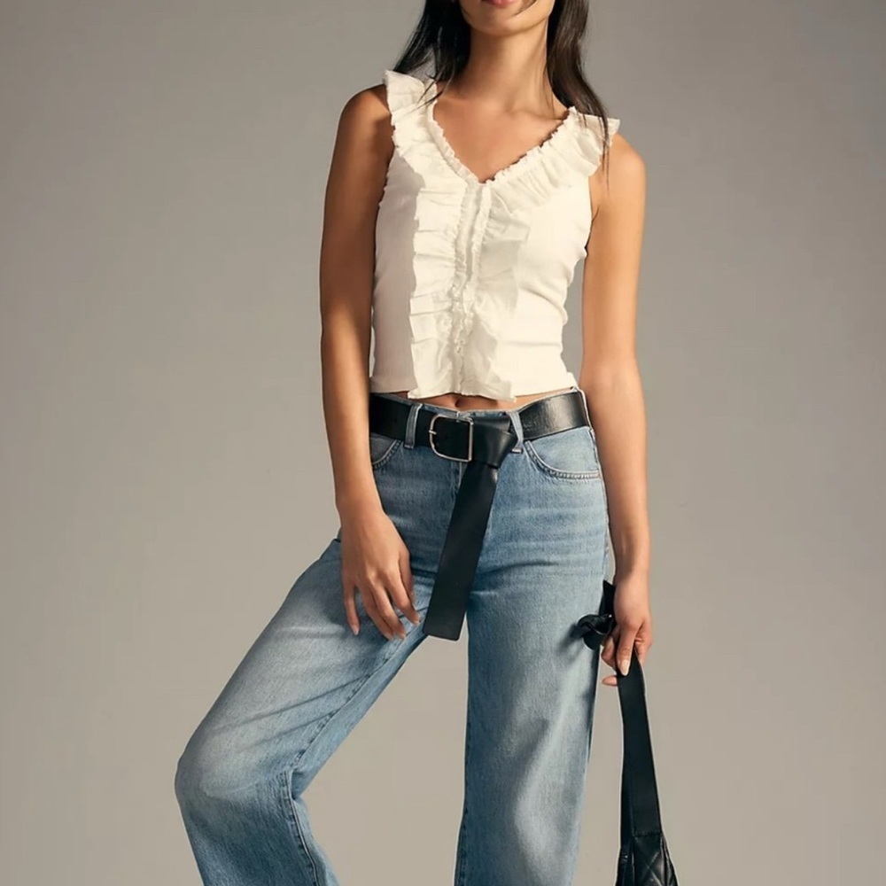 Anthropologie Pilcro V-Neck Ruffle Tank Top in White Size L Y2K Yacht Nautical